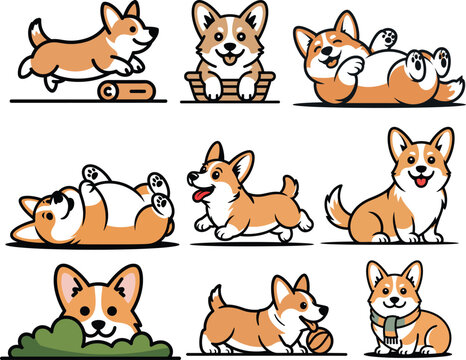 Adorable corgi drawing puppies running sitting and wearing glasses