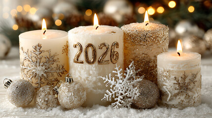 Luxury New Year 2026 candle composition featuring tall elegant number candles surrounded by snowflake ornaments and warm ambient glow, perfect for a winter celebration, isolated on white background