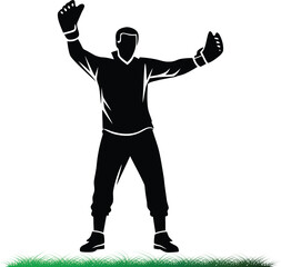 Black silhouette of goalie with hands up celebrating on grass