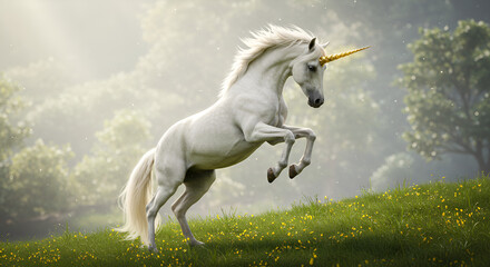 Majestic white unicorn rears up in a sun-dappled meadow, embodying mythical grace and untamed magic.