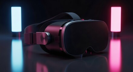 VR Headset Close-up
“A modern VR headset placed on a reflective surface, illuminated by soft ambient neon lights, showing realistic materials and shadows.”