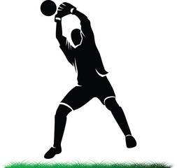 Goalkeeper catches soccer ball silhouette on grass background