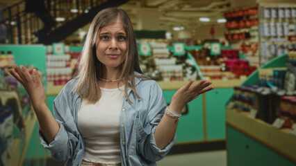 Woman shrugs hands in building aisle stocked with products and shelves under bright lights; uncertainty.