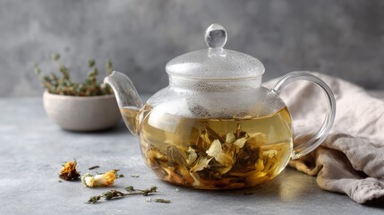 Glass teapot with herbal flower tea infusion and dried flowers on grey background
