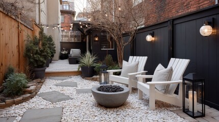 Modern cozy backyard with fire pit and white adirondack chairs in urban setting