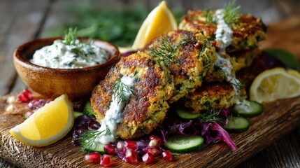 Falafel Patties. Delicious zucchini fritters with lemon dill sauce on rustic wooden board