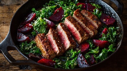 One-Pan Steak with Beets and Crispy Kale. Succulent steak with kale and beets in cast iron skillet on rustic wood surface