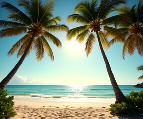 Fototapeta premium A beautiful view of the sea and palm trees under the bright sunshine.