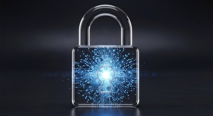 Cybersecurity Lock Symbol
“A detailed 3D padlock made of transparent glass, with tiny circuit lines inside, softly glowing from the center in cool blue tones.”