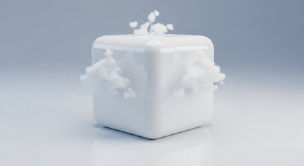 Cloud Computing Box Icon
“A white glossy cube releasing small soft-cloud particles, symbolizing cloud computing, with minimal reflections and studio lighting.”