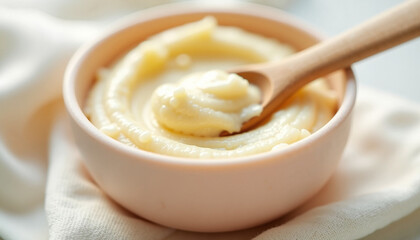Shea butter in bowl, a natural moisturizer used in beauty products. Shea butter, thick cream, is known for skincare and haircare routines, suitable for dry skin treatment.