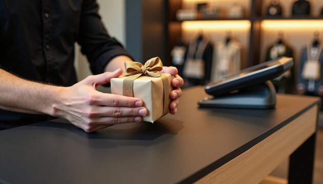 Man giving gift at store counter. Offering gift wrapped in craft paper and secured with golden ribbon, man presents token of appreciation.