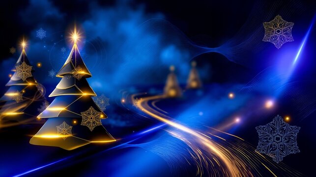 A blue and gold christmas tree with snowflakes on a blue background