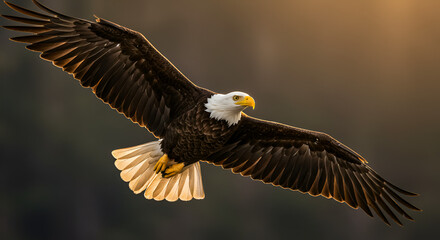 Fototapeta premium Stunning bald eagle soaring powerfully through the air with wings spread wide, a symbol of American freedom and resilience in golden light