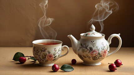 Fototapeta premium A floral teapot and cup with steaming tea sit on a wooden surface