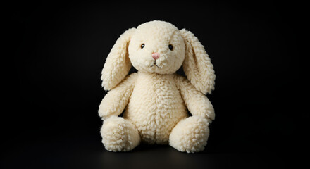 Adorable plush bunny toy ready for cuddles on a dark backdrop, evoking childhood memories and a sense of comfort for heartwarming projects