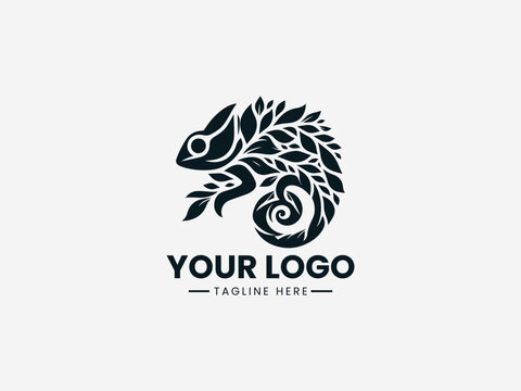 Stylized chameleon blending into abstract shapes representing camouflage in clean black vector illustration