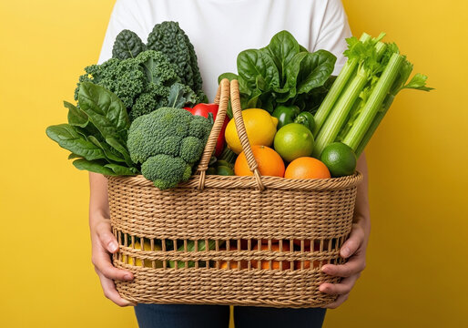 Fresh produce basket brimming with colorful vegetables and fruit for healthy eating against bright yellow backdrop, a vibrant harvest of wellness