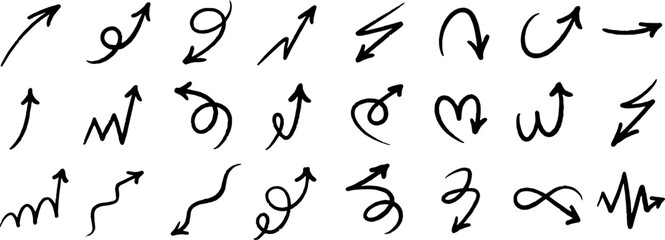 Naklejka premium Black and white arrows drawn by hand. Arrows drawn with ink.