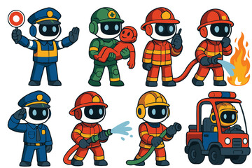 Cute cartoon characters depicting firefighters police officers and emergency responders in action