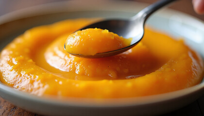 Spoonful of pumpkin puree sits atop smooth spread in rustic bowl, showcasing simple autumn flavor. Pumpkin puree provides versatile ingredient for seasonal cooking. Pumpkin puree for healthy recipes,
