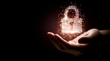 Hand holding glowing digital network unlock padlock