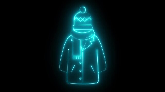 Glowing neon winter jacket and hat icon isolated on black background. Warm clothing icon animation for cold weather season. warm coat icon for outdoor wear. snow outfit, winter fashion concept.