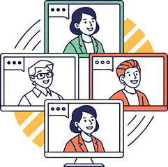 Diverse group of people participating in a video conference call communicating and collaborating online representing remote work and virtual meetings