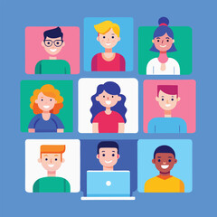 Diverse group of nine cartoon people in a video conference grid layout representing online communication and remote work collaboration