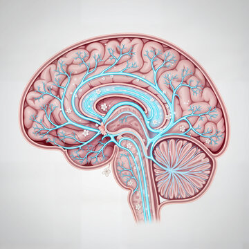 Conceptual illustration of the brain's glymphatic system. Cerebrospinal fluid flow along perivascular channels (blue) for waste clearance and detoxification of the central nervous system.