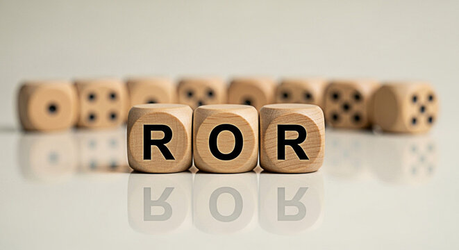 Wooden blocks spelling ror reflect on a glossy surface representing return on risk investment strategy and financial planning concept