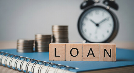 Wooden blocks spelling loan with stacked coins and alarm clock representing time and money management for financial planning and investment