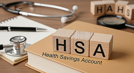 Health savings account concept with HSA wooden blocks stethoscope notebook and pen on a desk for financial planning and healthcare expenses