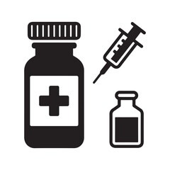 Minimalist medical icon set featuring vaccine bottle, syringe, and medicine vial. Ideal for healthcare, vaccination campaigns, pharmacy graphics, and medical instruction designs.