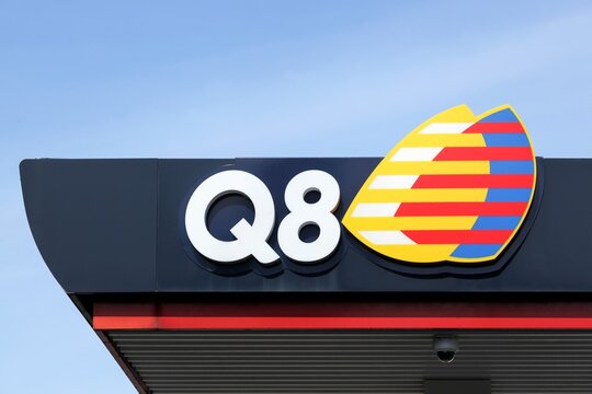 Odder, Denmark - September 4, 2022: Q8 logo on a gas station. Kuwait Petroleum International, known by the Q8 brand, refines and markets fuel, lubricants and other petroleum derivatives outside Kuwait