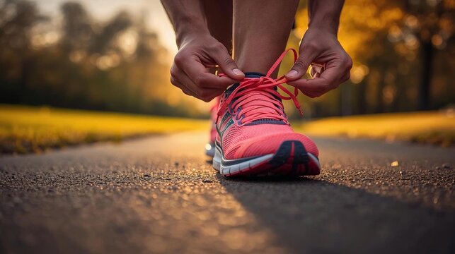Close-Up of Hands Tying Vibrant Running Shoes on Park Pathway at Sunrise, Fitness and Active Lifestyle Macro Photography