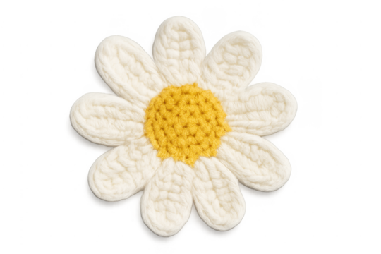 Hand knitted daisy flower with yellow center and white petals