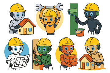Diverse cartoon robots engaged in various construction and home improvement tasks