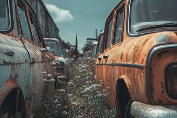Close view of several old cars with heavy rust and patina, half-buried in tall grass at dusk.