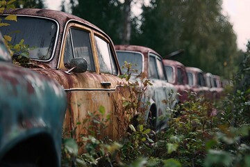 Close view of several old cars with heavy rust and patina, half-buried in tall grass at dusk.