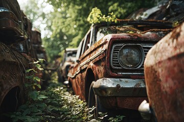 Close view of several old cars with heavy rust and patina, half-buried in tall grass at dusk.