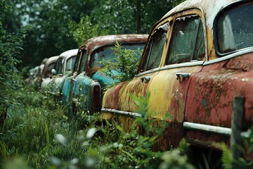 Close view of several old cars with heavy rust and patina, half-buried in tall grass at dusk.