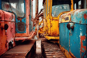 Weathered bulldozers lined up in construction yard