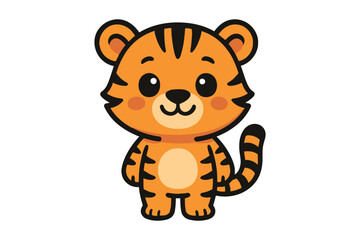 Adorable cartoon tiger cub standing with big eyes and striped fur