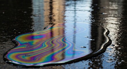 Naklejka premium Colorful oil slick on wet asphalt reflecting a building creating a mesmerizing display of iridescent hues