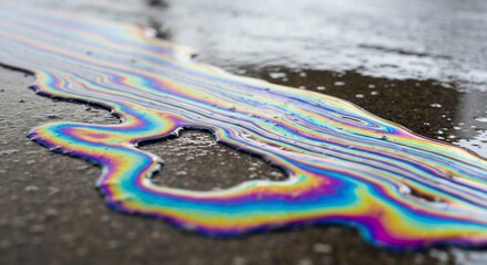 Naklejka premium Colorful rainbowlike oil slick spread out on a wet concrete surface