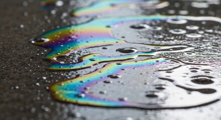 Obraz premium Iridescent spill on asphalt displaying a vibrant rainbow of colors