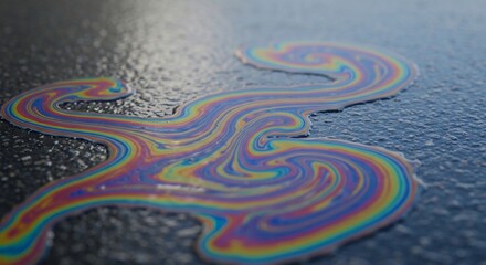 Naklejka premium Iridescent spill on asphalt shows rainbow swirls a liquid with vibrant hues