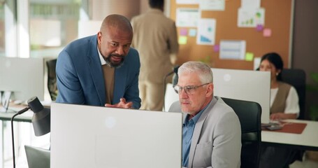 Business men, teamwork and discussion with computer for blog idea, inspiration or insight in office. Mature people, mentor and copywriter with article, problem solving and brainstorming in startup