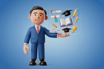3D Cartoon Character Holding a Transparent Screen with Educational Symbols